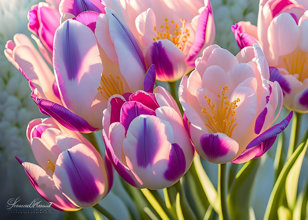 Colorful partially-opened tulip bouquet with purple accents under soft light