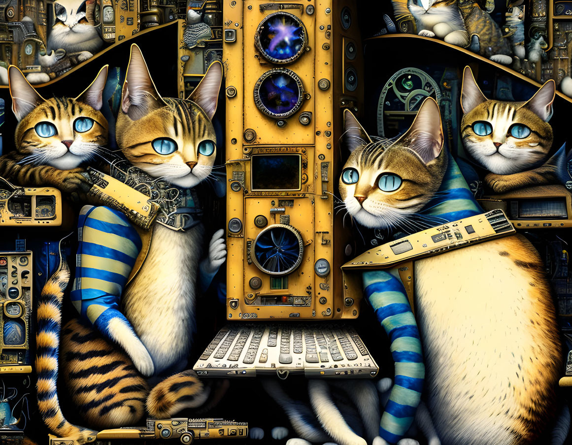 Anthropomorphic Cats in Steampunk Setting with Gears and Keyboard