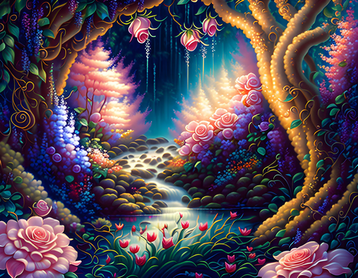 Enchanting forest with vibrant flora, meandering stream, mystical lighting