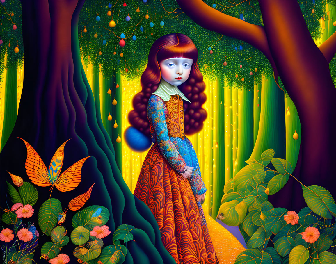 Surreal girl in vibrant forest with whimsical trees