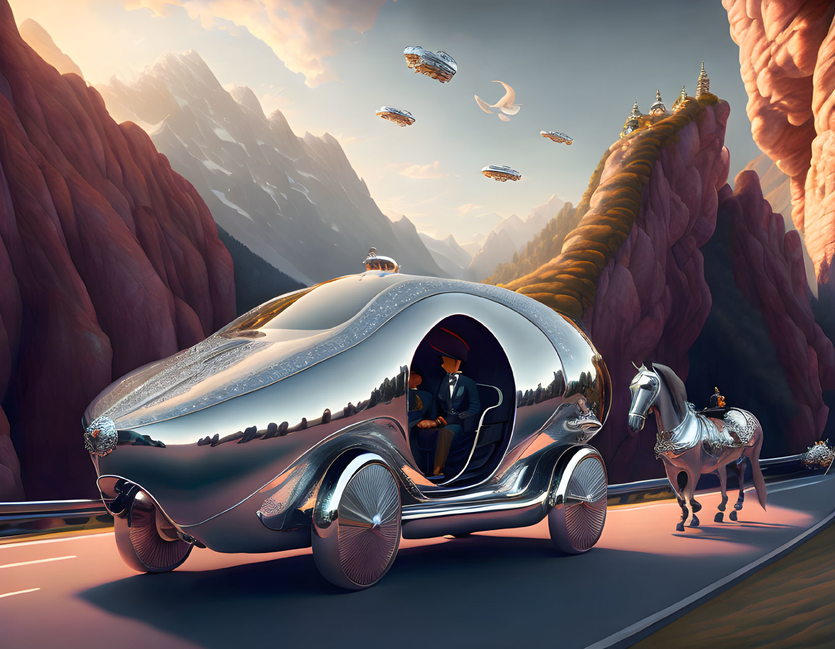 Silver futuristic carriage with driver and horse on mountain road with flying ships and golden pagodas.