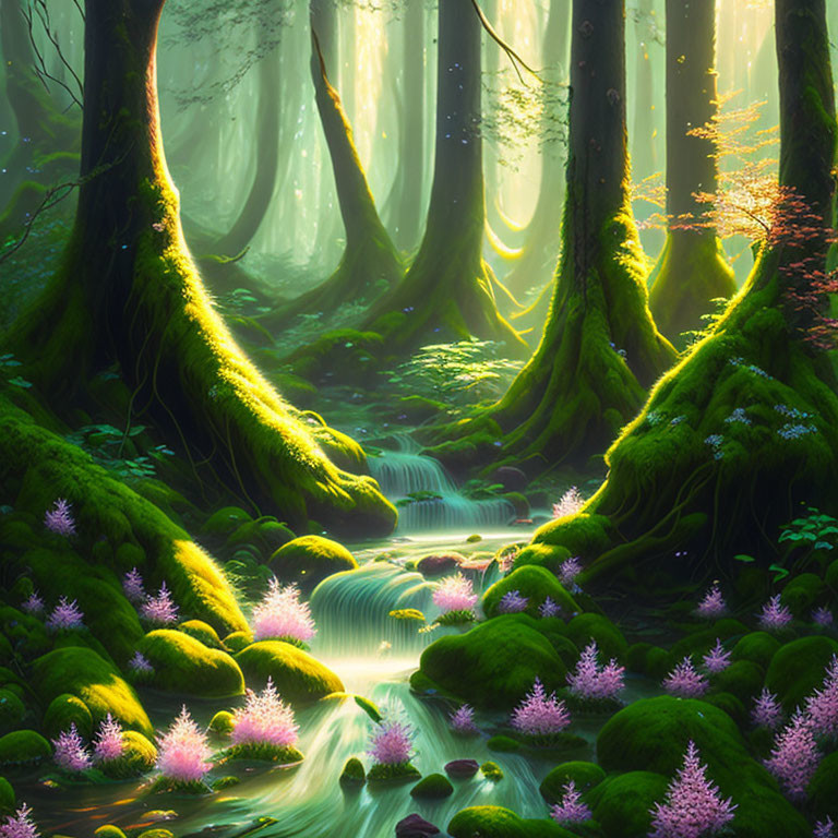 Sunlit Enchanted Forest with Moss-Covered Trees and Pink Flowers