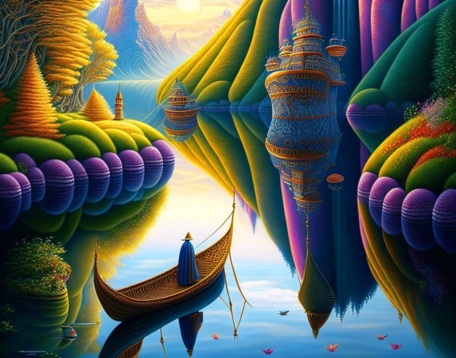 Vibrant surreal landscape with floating islands and ornate buildings