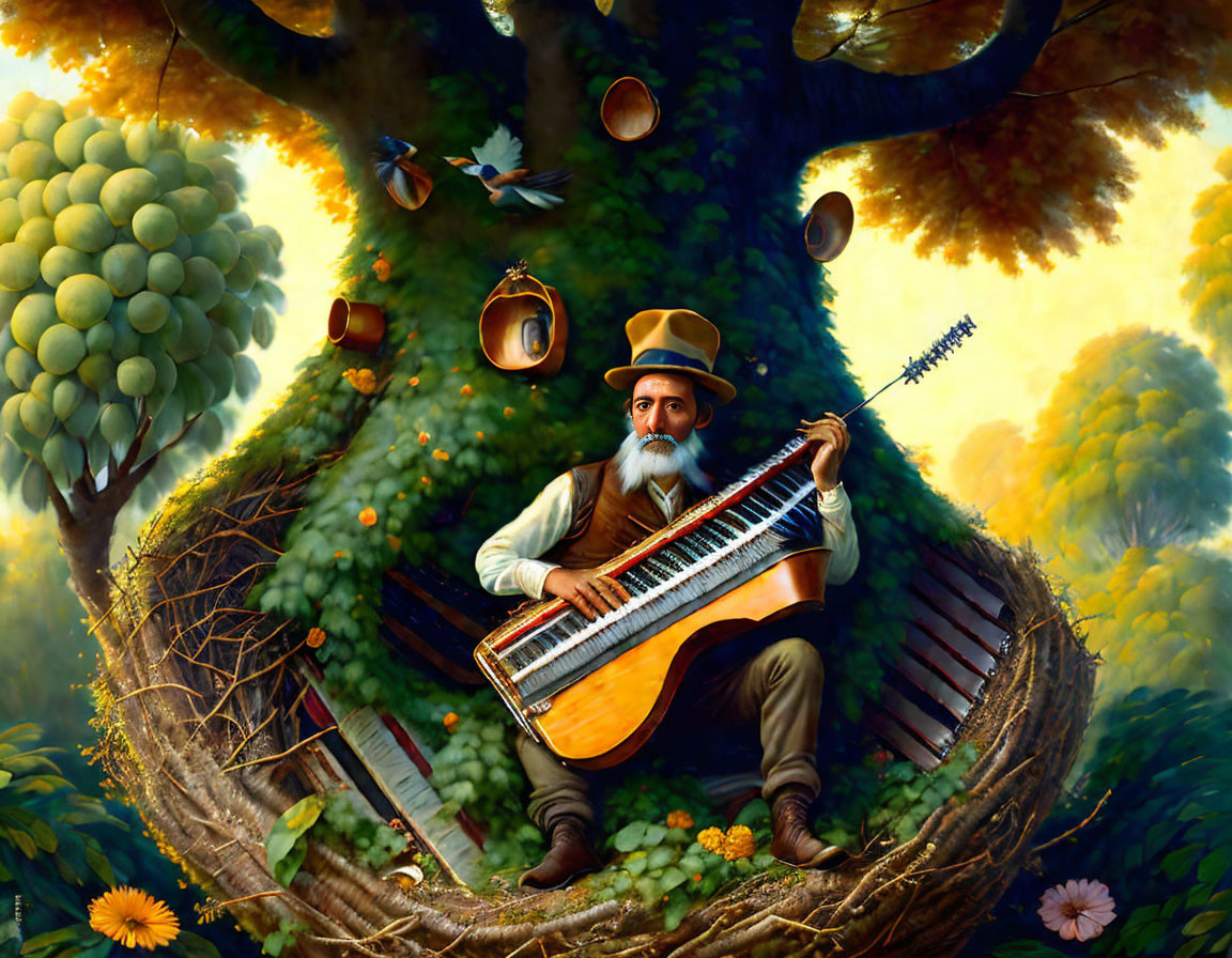 Bearded man plays large guitar-like instrument near tree with hanging pots