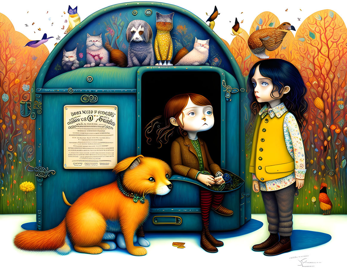 Children and whimsical animals around vintage radio in colorful autumn scene