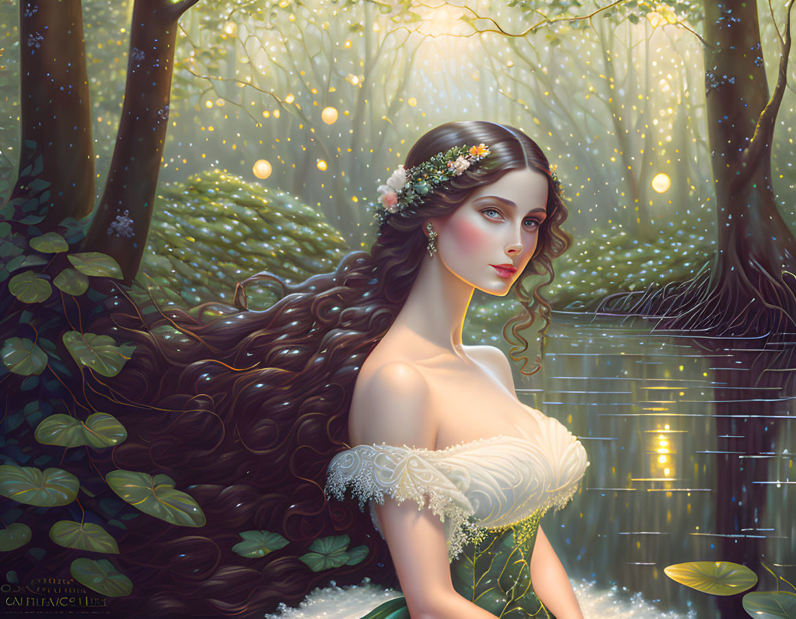 Illustration of woman with long brown hair by forested pond