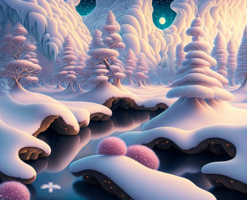 Whimsical winter landscape with purple trees and snowy hills