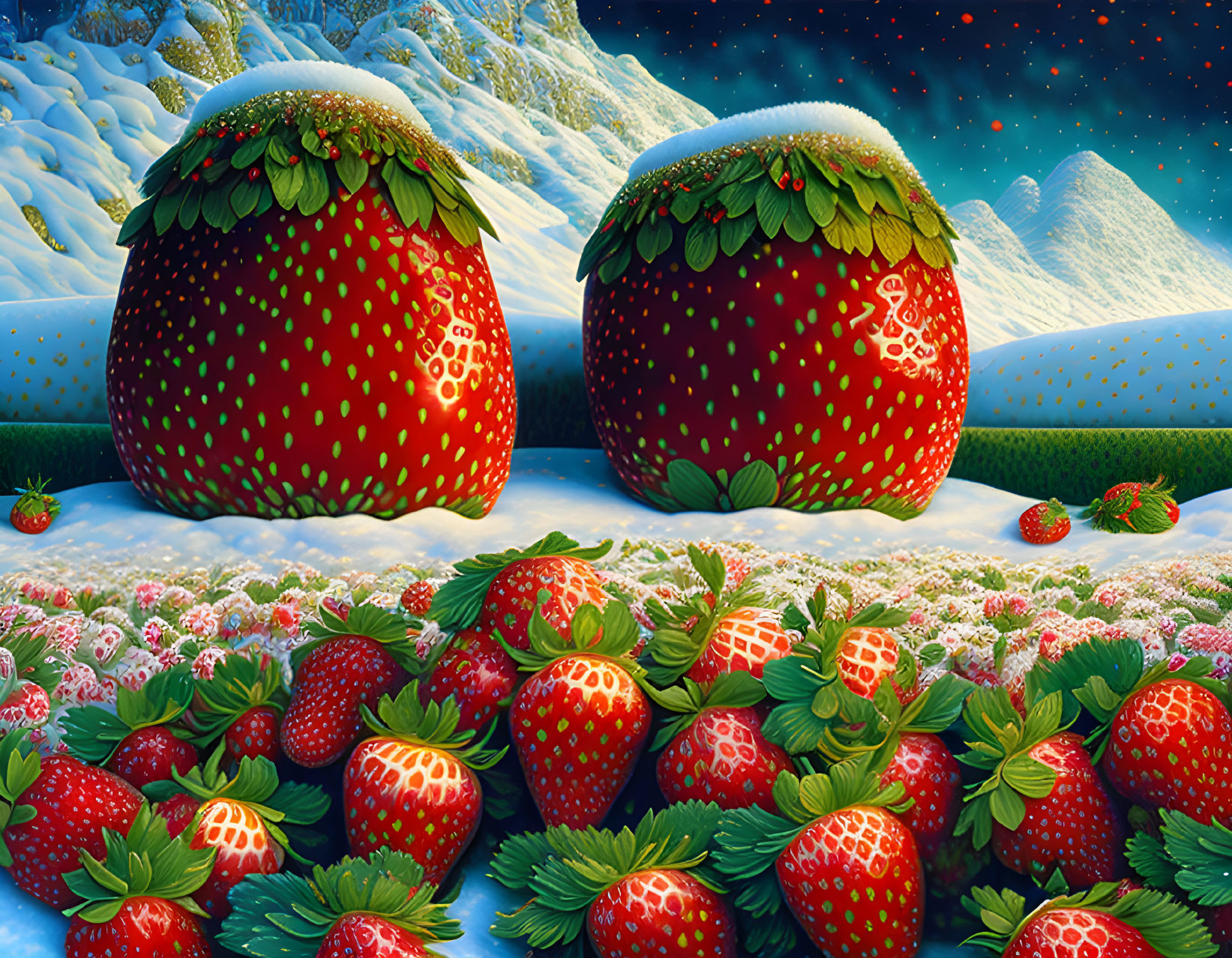 Snow-covered giant strawberries in whimsical landscape with starry sky