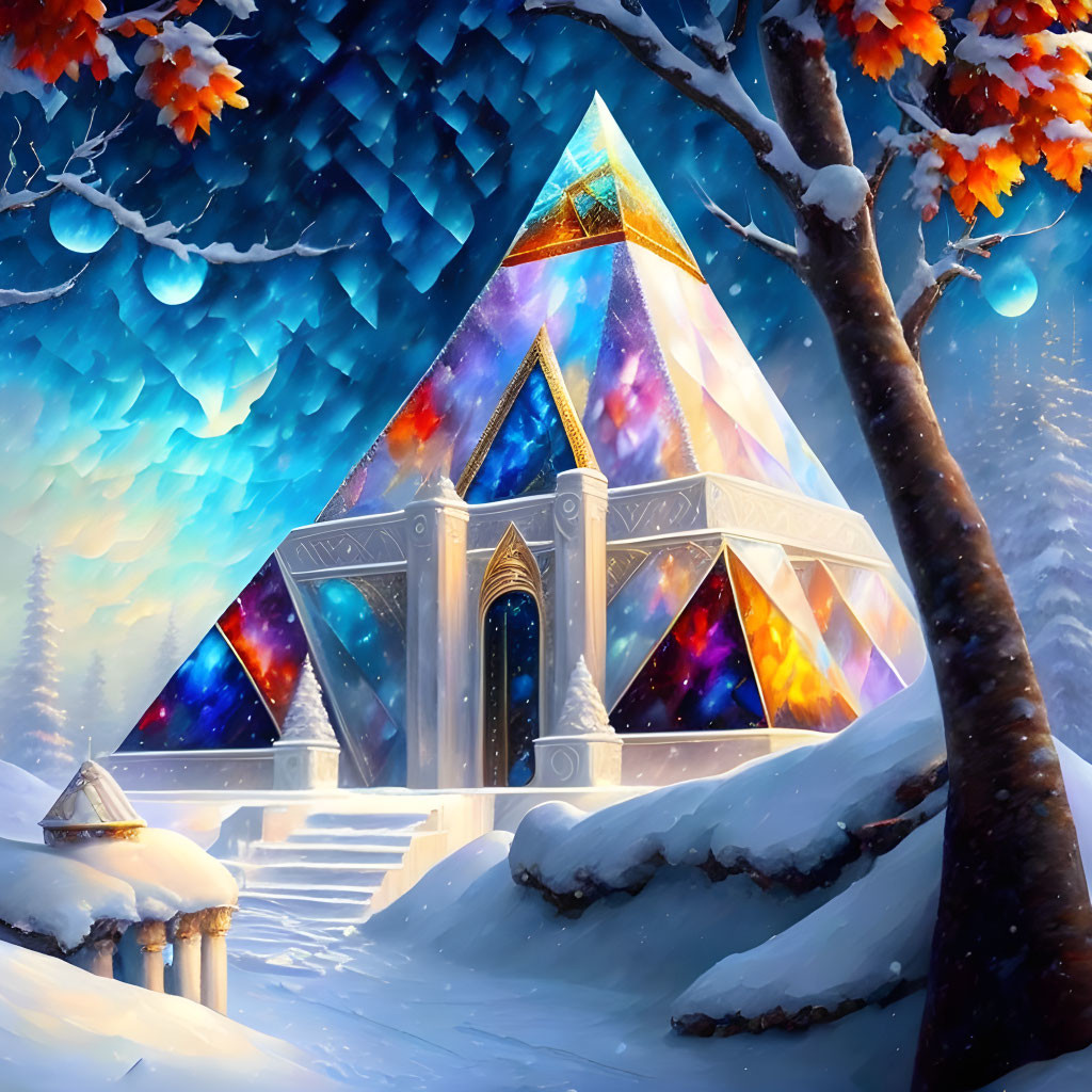 Fantasy-style pyramid under wintry sky with cosmos design and snow-covered trees