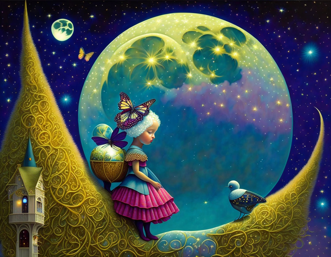 Illustration of girl on crescent moon with full moon, stars, turreted structure, butterfly