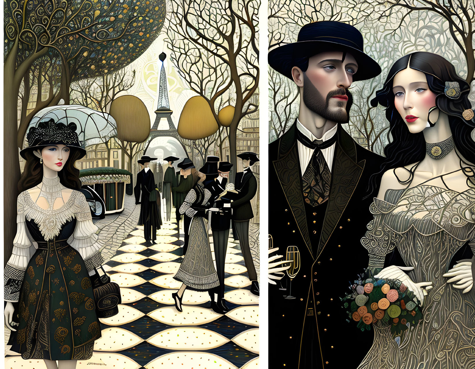 Vintage Parisian illustration of stylish couple in early 20th-century attire.