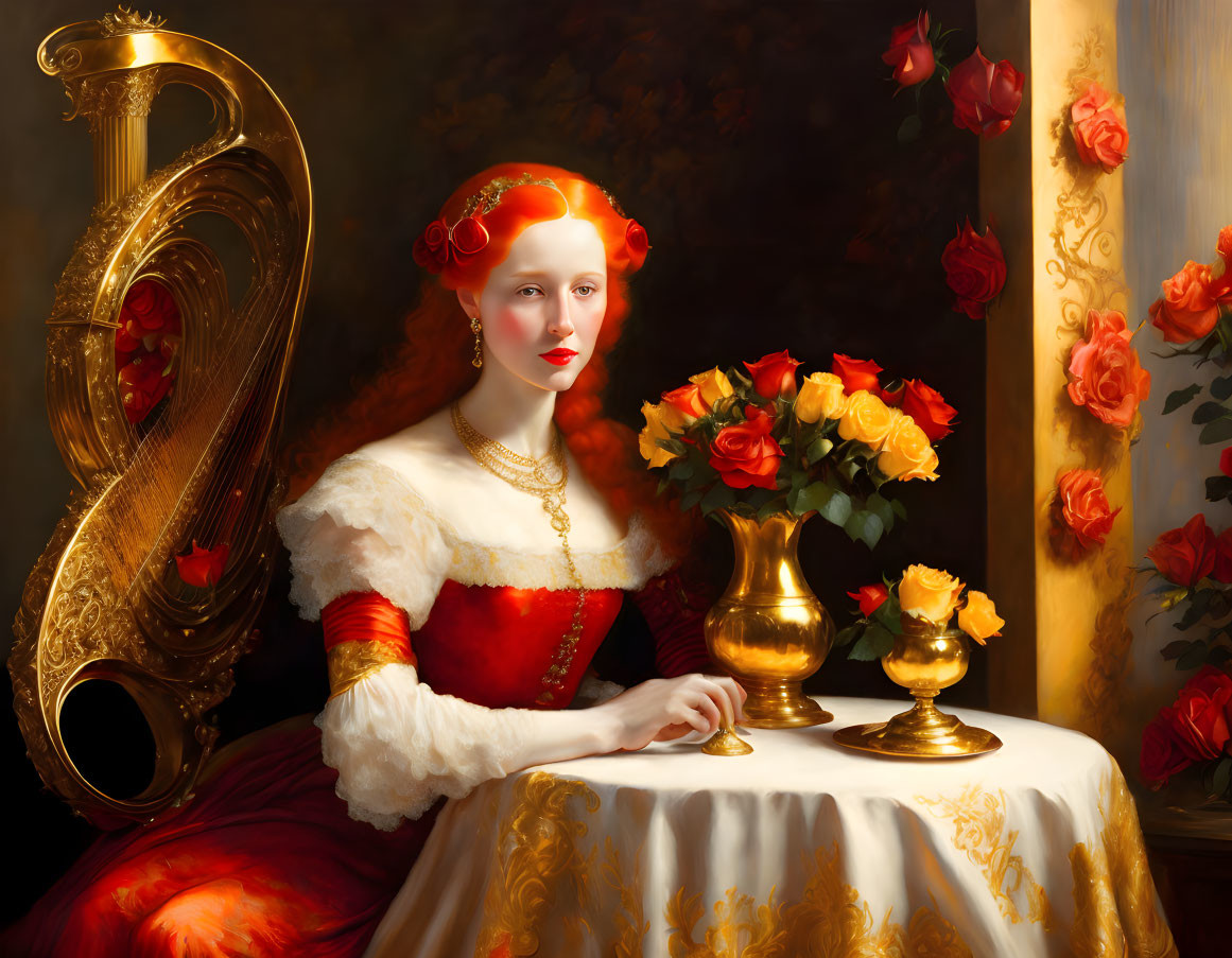 Historical woman in red and white dress with pearls, roses, and golden harp.