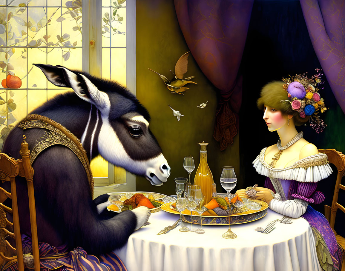 Anthropomorphic donkey and elegantly dressed woman dine in richly detailed setting