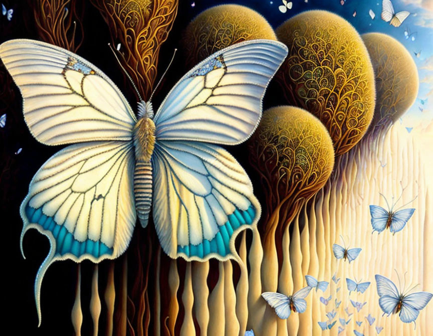 Detailed fantastical butterfly painting with whimsical trees.