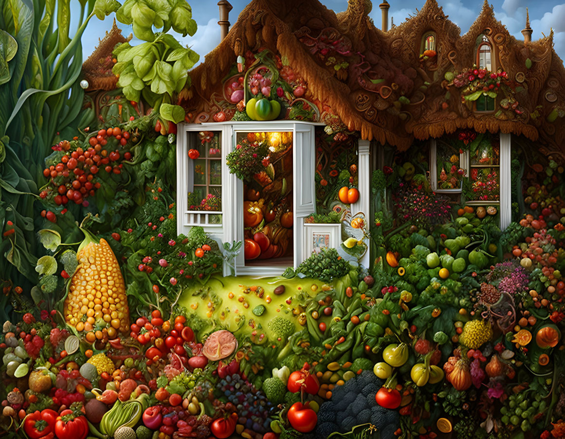 Whimsical cottage surrounded by oversized fruit and veg garden