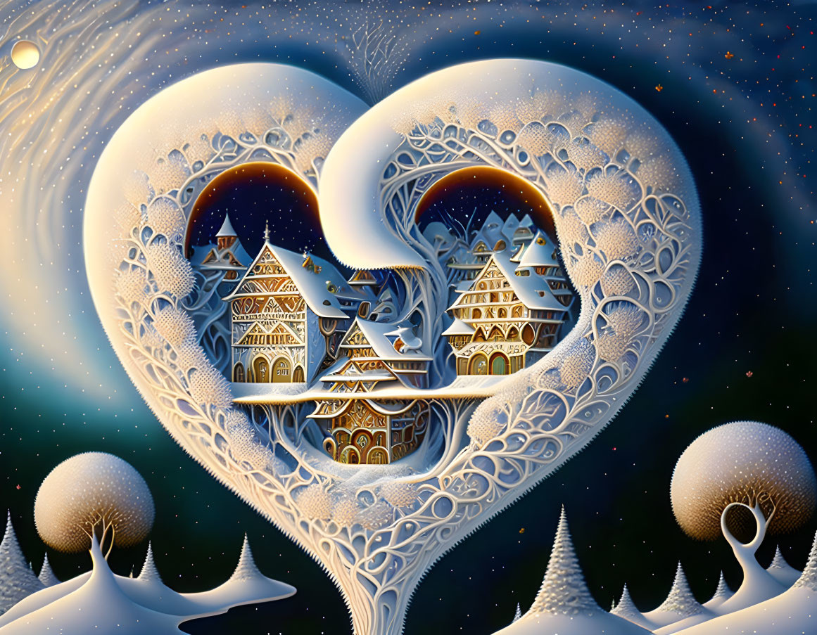 Whimsical winter landscape with heart-shaped trees and ornate houses