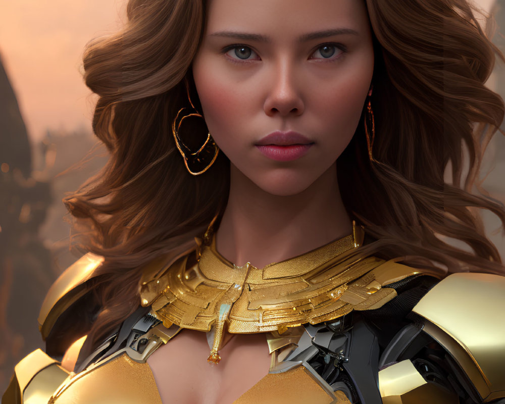 Golden armor woman with flowing hair and hoop earrings in focused expression on amber backdrop