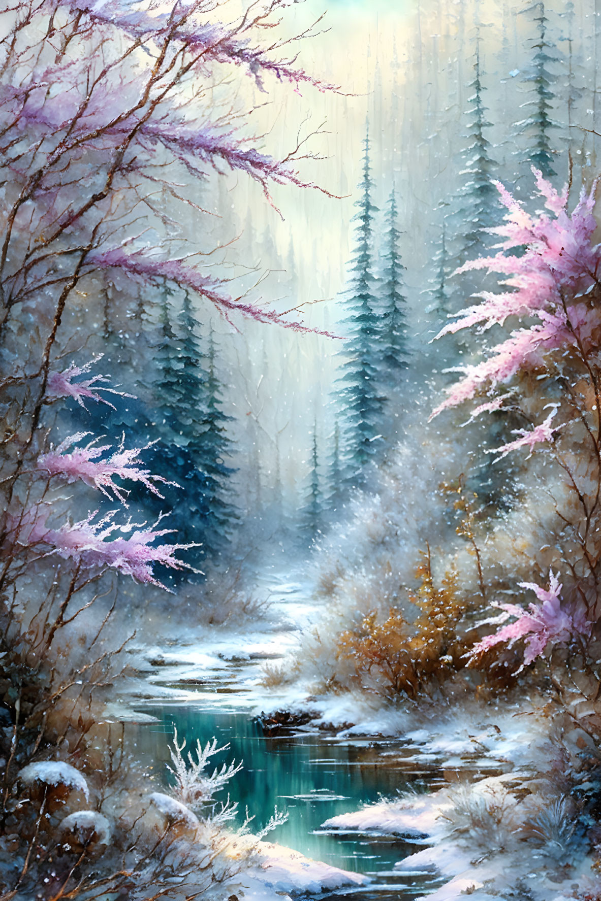 Tranquil winter landscape with snow-dusted trees and serene stream