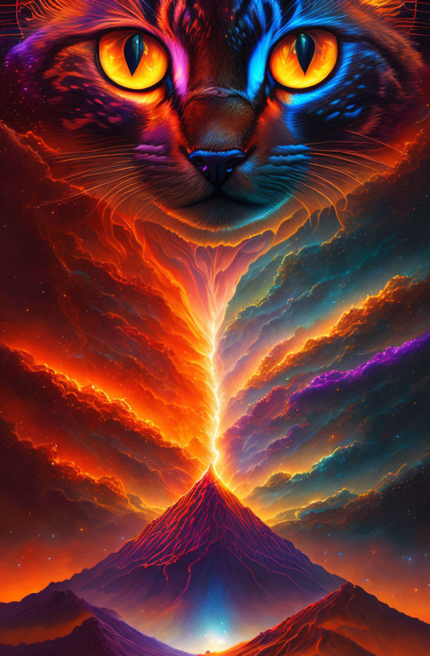 Colorful digital artwork: Cat face fused with cosmic elements over erupting volcano