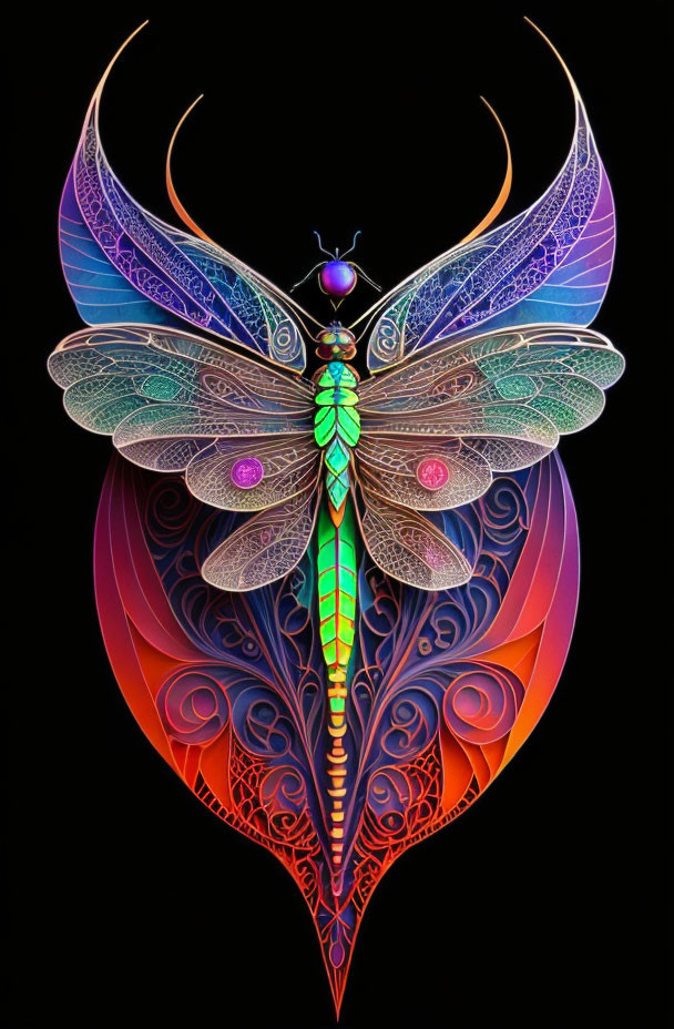 Vibrant butterfly digital art with intricate patterns on black background