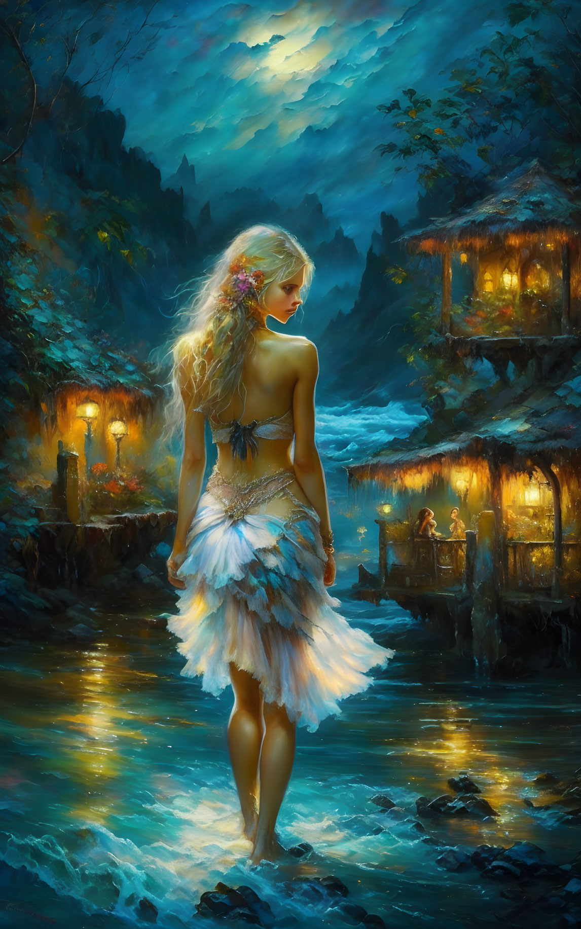 Woman in White Feathered Dress by River Facing Tranquil Village at Twilight