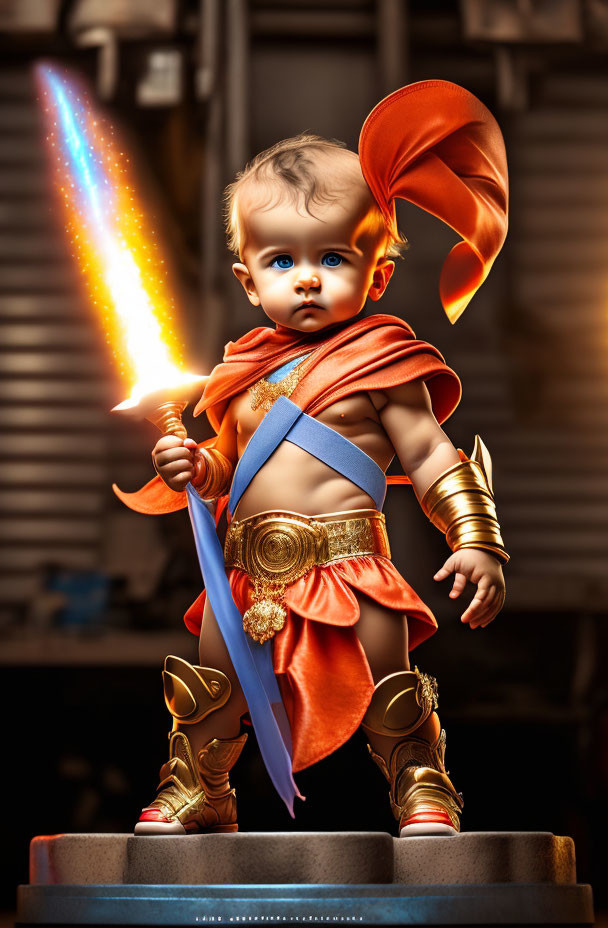 Baby in warrior armor with sword and torch in digital art