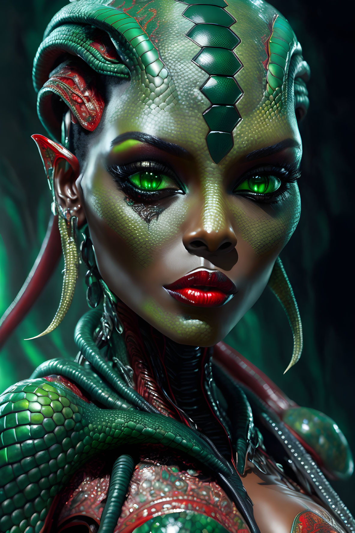 Female humanoid with green reptilian skin and metallic ear decorations