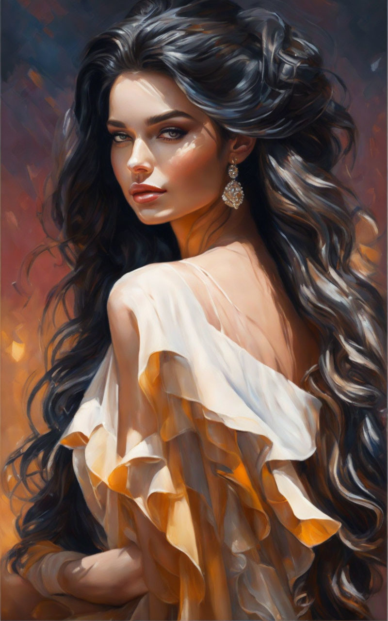 Portrait of woman with long wavy hair and blue eyes in off-shoulder top