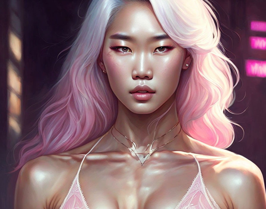 Digital illustration: Woman with pale pink hair against neon-lit background