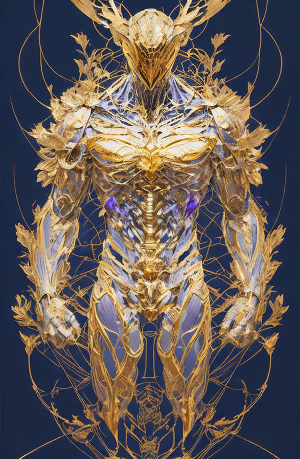 Intricate Golden Figure on Blue Background with Plant-like Details