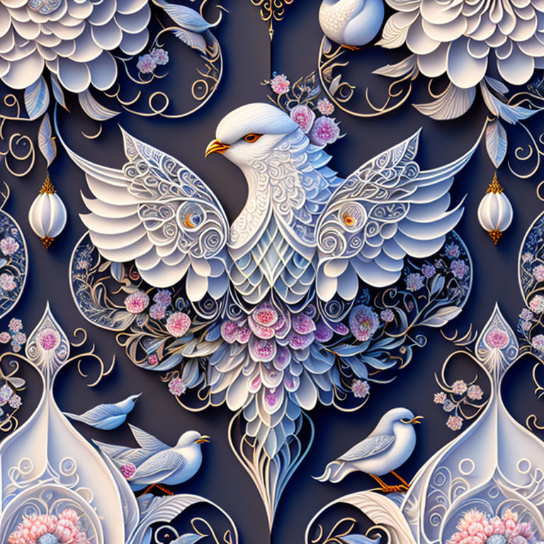 Detailed Stylized White Dove with Floral Patterns on Dark Background