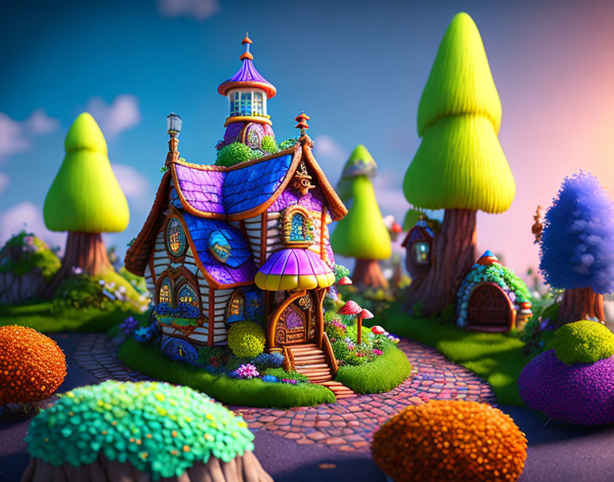 Colorful whimsical cottage in vibrant fantasy landscape