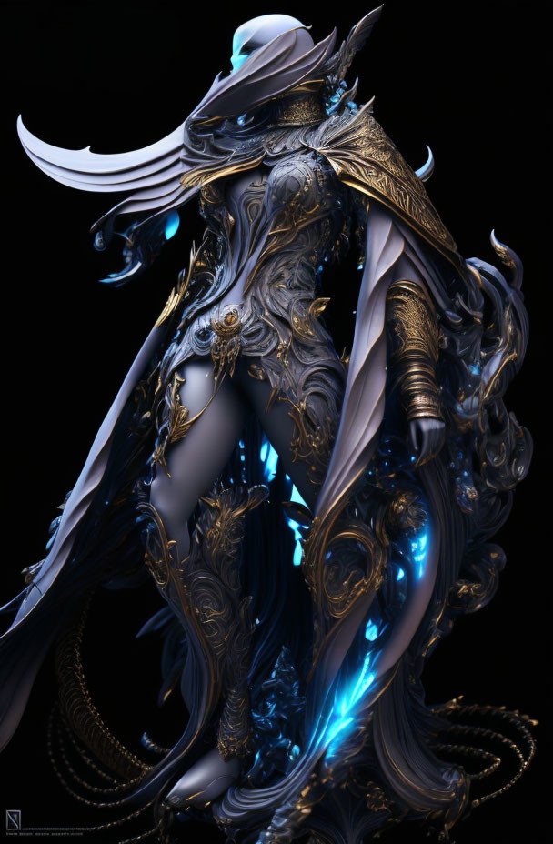 Intricate Ornate Armor with Glowing Blue Accents and Horned Helmet on Dark Background