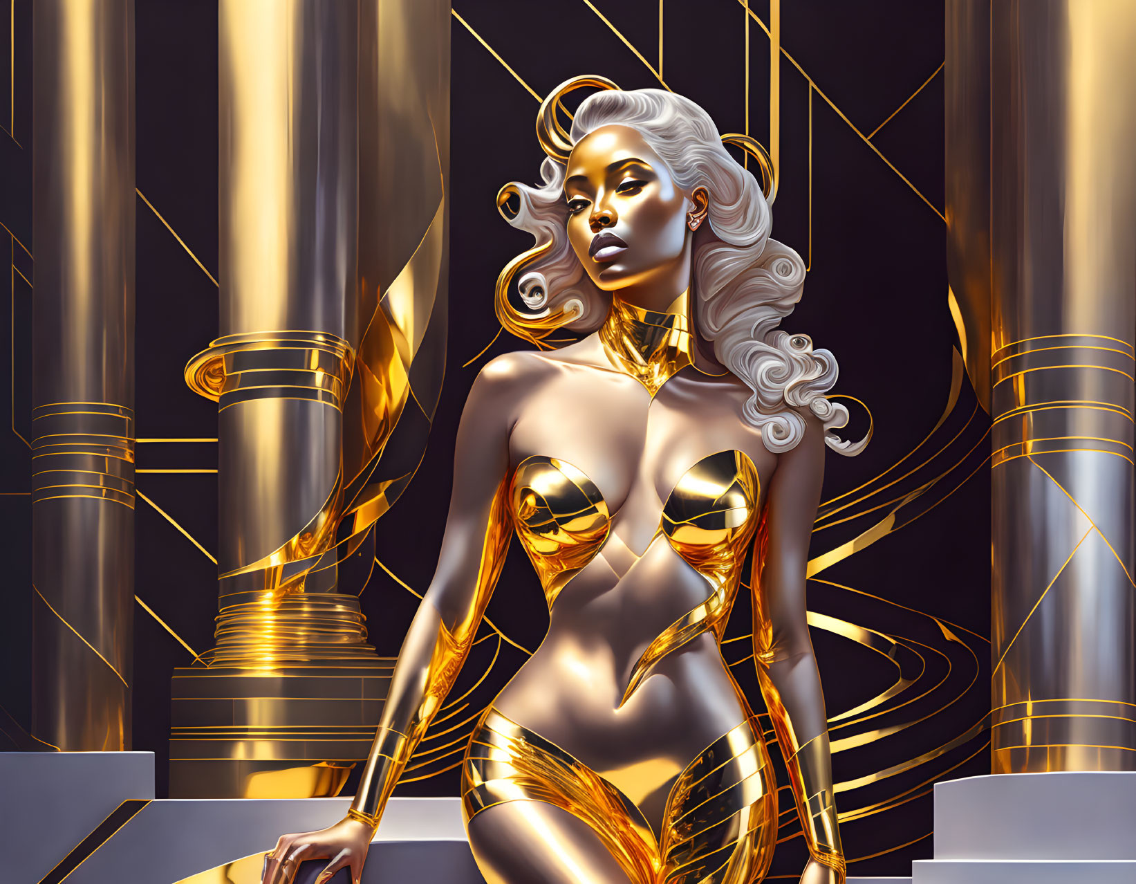 Stylized 3D illustration: Female figure in golden futuristic armor among opulent columns.