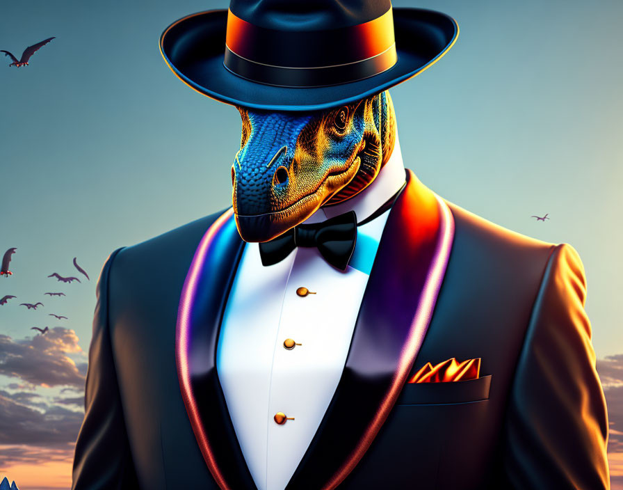 Velociraptor in Suit and Hat at Sunset Sky with Birds