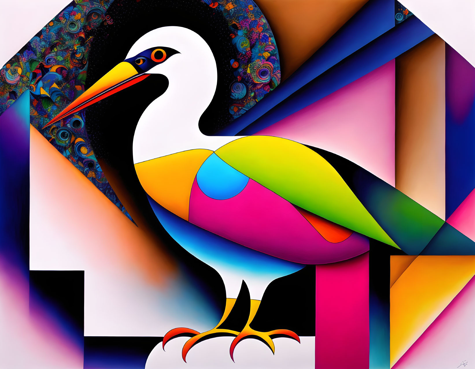 Colorful Abstract Bird Art with Geometric Shapes and Bold Patterns