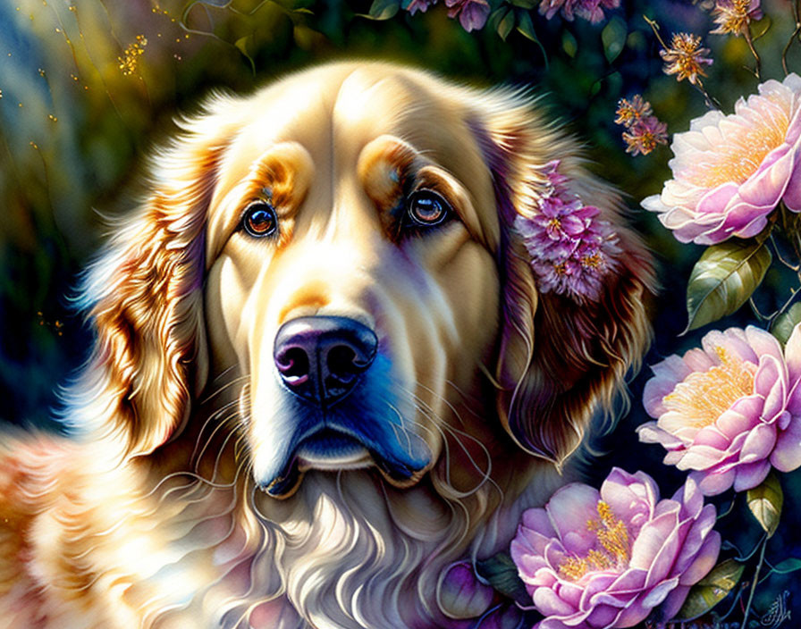 Golden Retriever Surrounded by Pink Flowers and Green Foliage