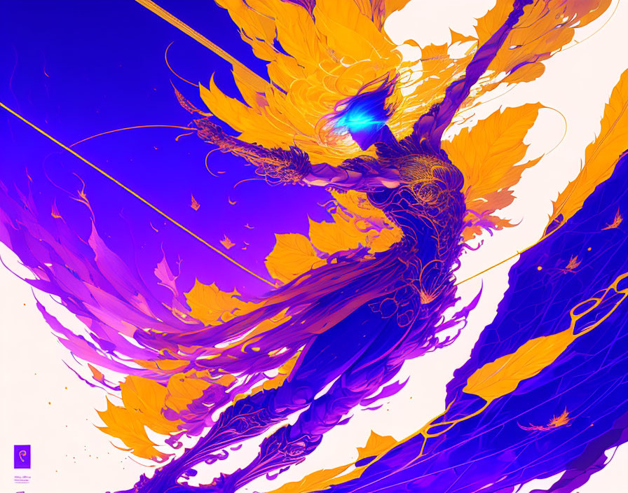 Dynamic Purple and Yellow Abstract Artwork with Fiery Bird Motif