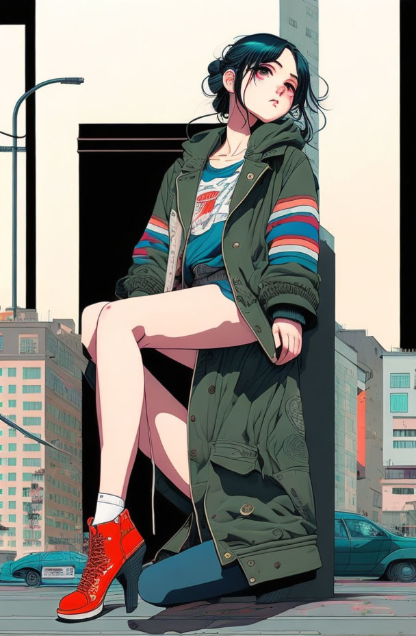 Stylized animated girl with black hair and green jacket in city setting