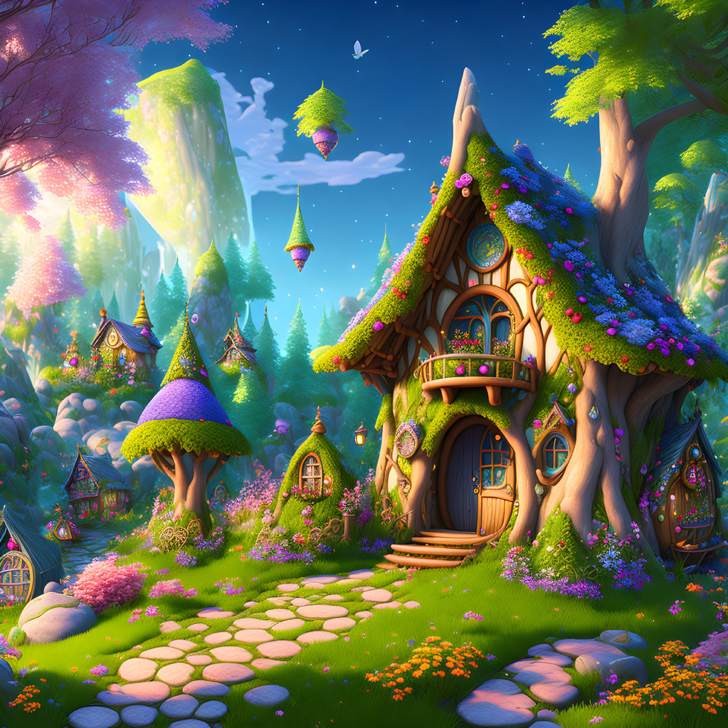 Vibrant fairy tale village with colorful flora and fantastical treehouses