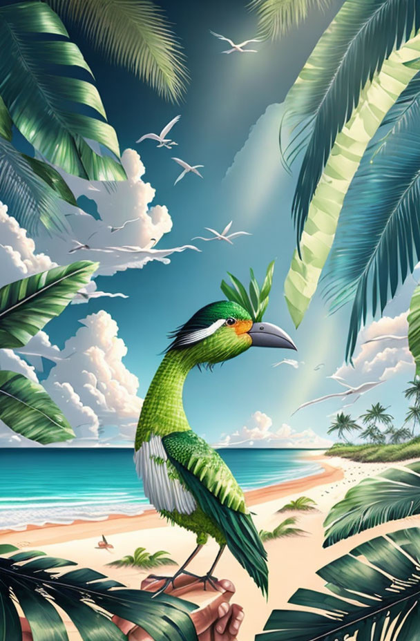 Colorful Toucan Illustration in Tropical Beach Setting