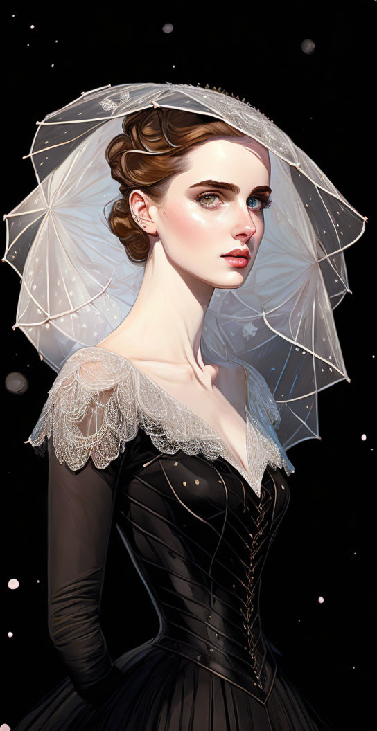 Sophisticated updo woman holding lace umbrella under starry sky