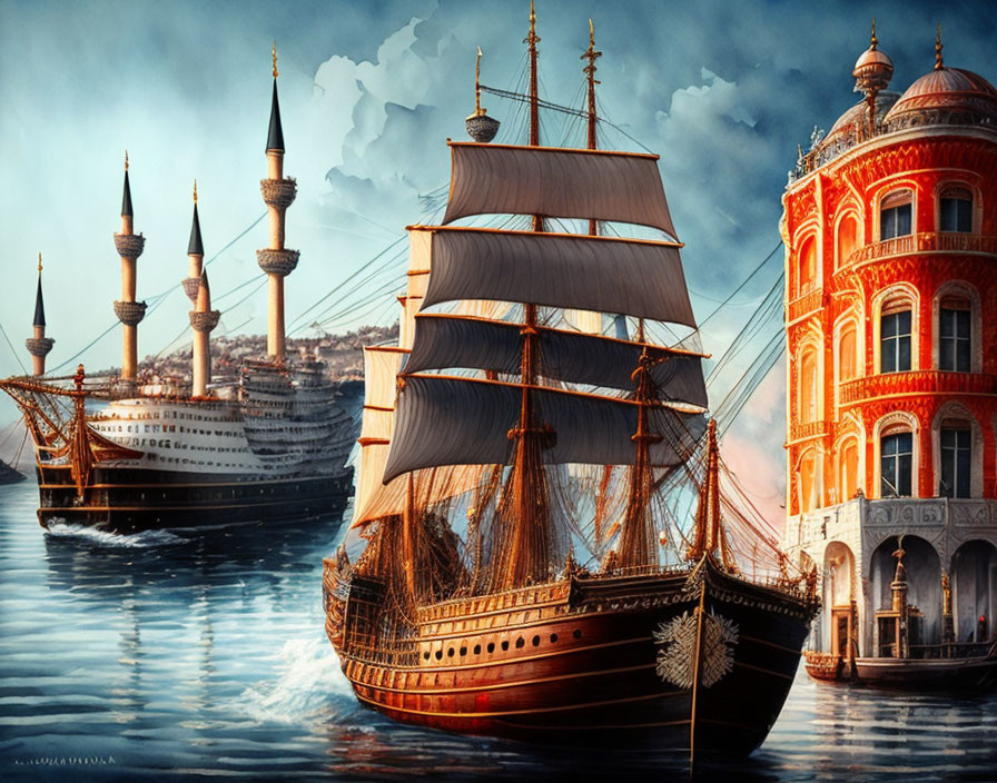 Vintage sailboat and maritime scene with ships and historic buildings in ornate detail.