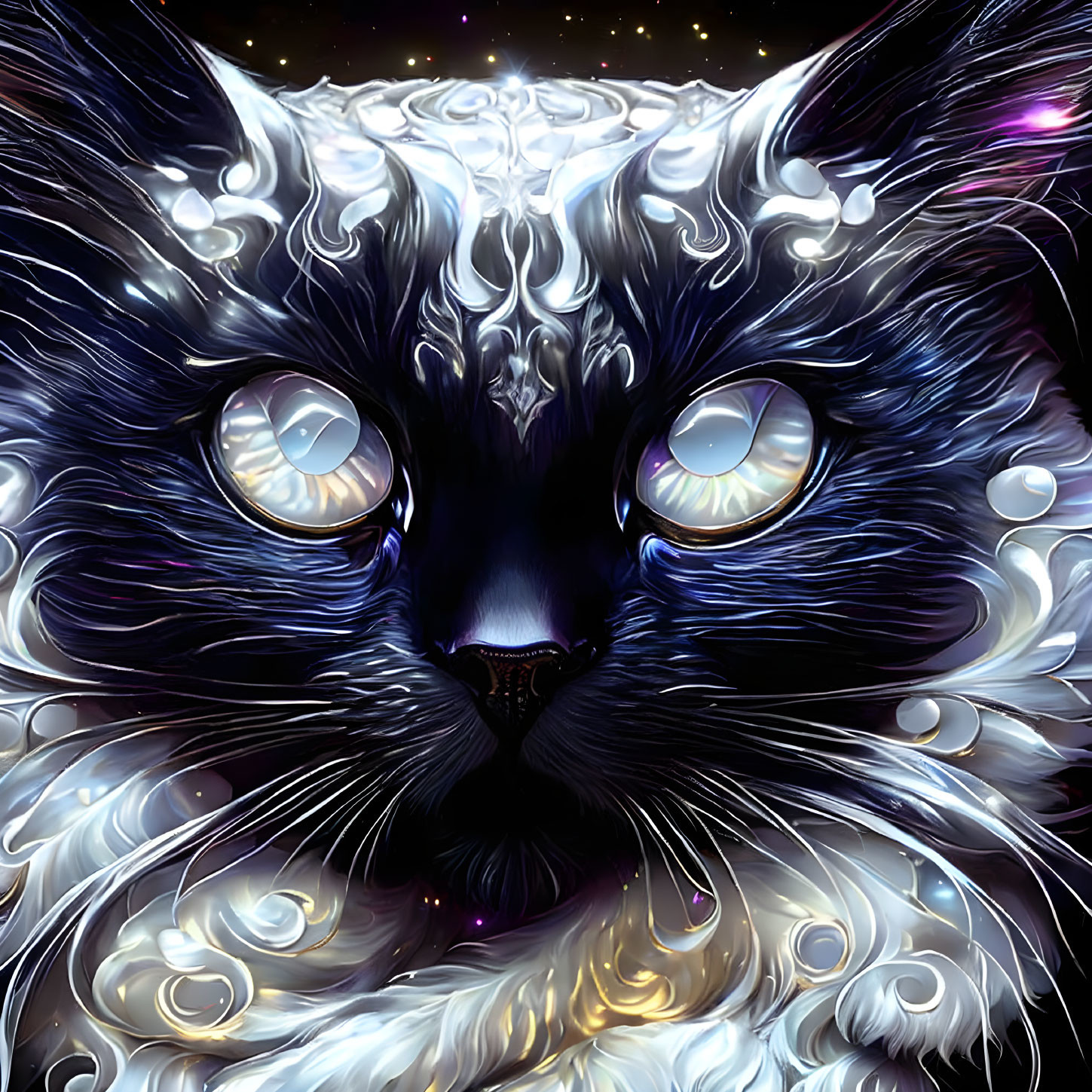 Cosmic cat digital artwork with glowing blue eyes