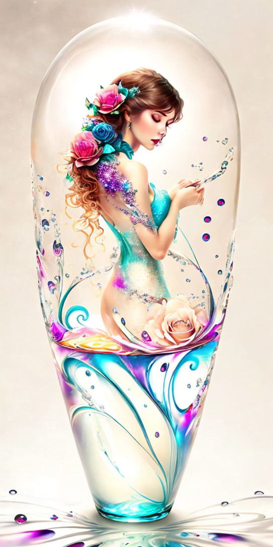 Stylized artistic representation of a woman in glass-like capsule with flowers, swirls, and bubbles