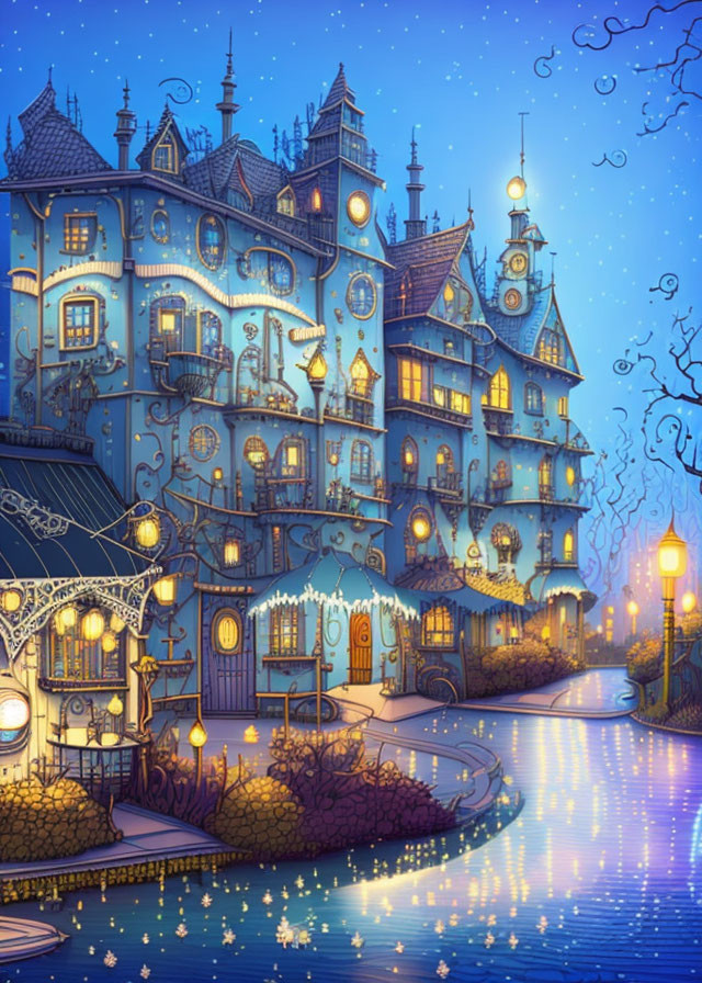 Whimsical Victorian-style mansion at night by calm river