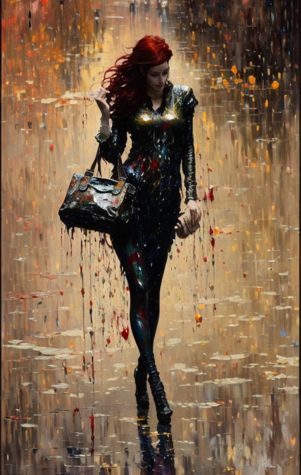 Red-haired woman in black outfit with bag, vibrant paint style on muddy backdrop