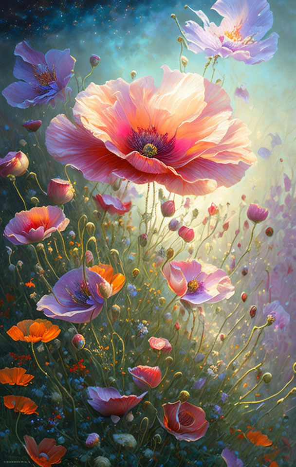 Vibrant painting of blooming poppies with dreamy backgrounds