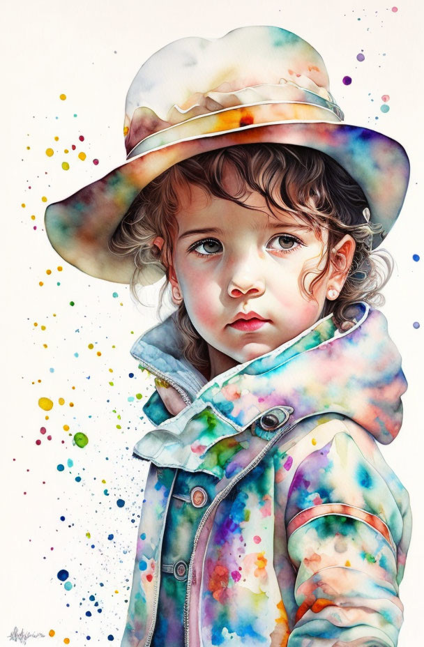 Vibrant watercolor portrait of a child in hat and coat