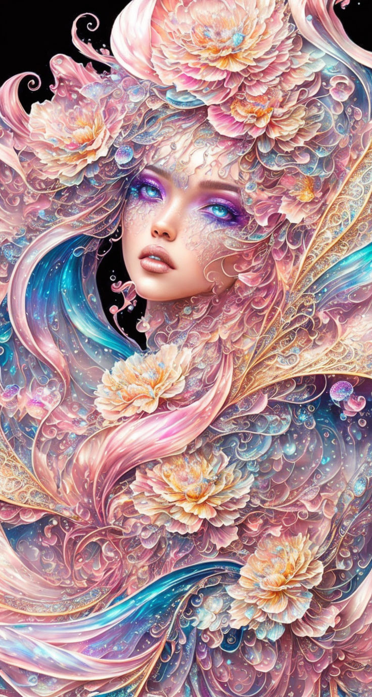 Fantasy illustration of a woman with vibrant floral elements